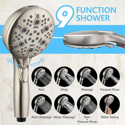 Shower Head with Handheld, 9-Setting High Pressure Shower head with handhelds, Built-in Handheld Power Spray, 79in Extra Long Stainless Steel Hose & Shower Head Holder (Brushed Nickel)