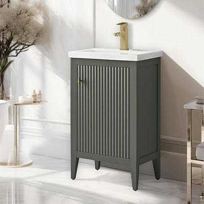 Vanity Art 20 inch Bathroom Vanity with Single Sink & Ceramic Top, Vanity Cabinet with Soft-Closing Door, Solid Wood Frame, Linear Pattern, Vintage Green, Golden Brushed Handware VA9120-VG-GB