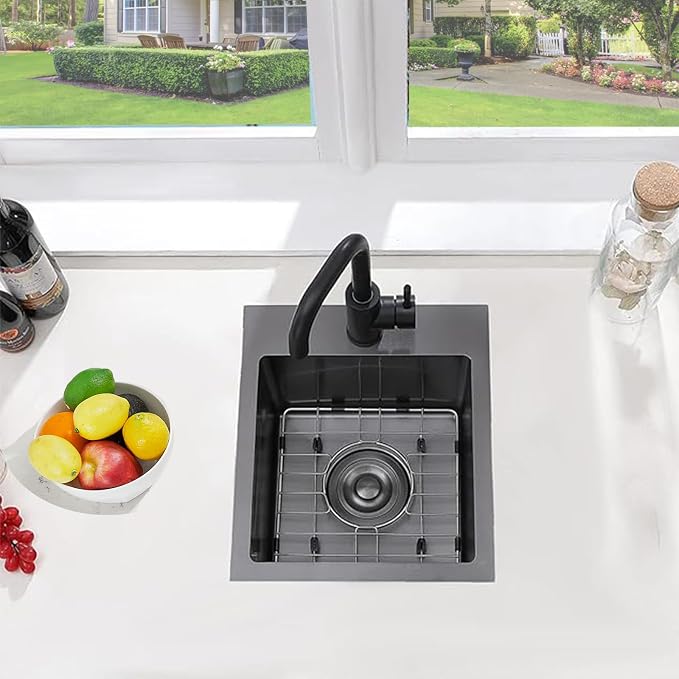 VCCUCINE Gunmetal Black Bar Sink Drop in, 15x15 Inch Topmount RV Small Kitchen Sink, 16 Gauge Overmount Stainless Steel Wet Bar Sink, Top Mount Outdoor Single Bowl Prep Sink with Dish Grid & Drain