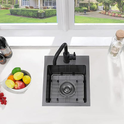 VCCUCINE Gunmetal Black Bar Sink Drop in, 15x15 Inch Topmount RV Small Kitchen Sink, 16 Gauge Overmount Stainless Steel Wet Bar Sink, Top Mount Outdoor Single Bowl Prep Sink with Dish Grid & Drain