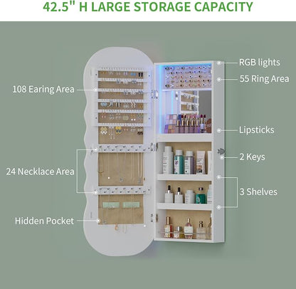 HNEBC LED Mirror Jewelry Cabinet with RGB Lights,42.5" Wall Mounted Jewelry Organizer with Full-Length Mirror,Over The Door Hanging Jewelry Armoire Storage Cabinet,Lockable,Wide Wavy Mirror
