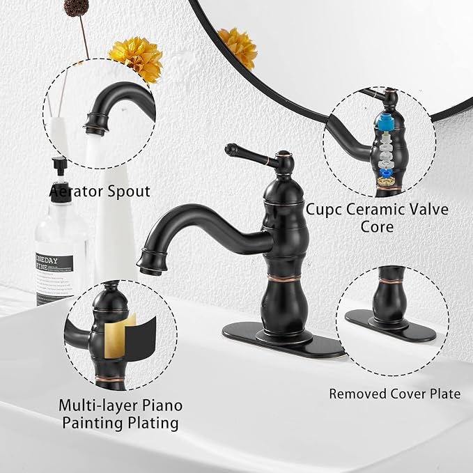 Oil Rubbed Bronze Bathroom Faucet Single Handle One Hole Bathroom Vanity Faucet Basin Mixer Tap Matching Pop Up Drain with Overflow