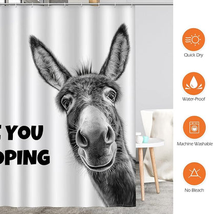 Aimego Funny Donkey are You Pooping Shower Curtain Novelty Hilarious Whimsical Rustic Farmhouse Black and White Bathroom Bath Decor Bathtub Curtain Fabric Shower Curtain Set with 12 Hooks, 72"x72"