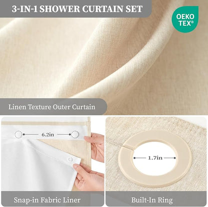 72x78 Ringless Linen Textured Shower Curtain with Snap in Liner, Cream | Long Size, 3 in 1 Shower Curtain Set, Removable Liner, Waterproof & Washable, Mesh Top Window, Durable Fabric, Easy Setup