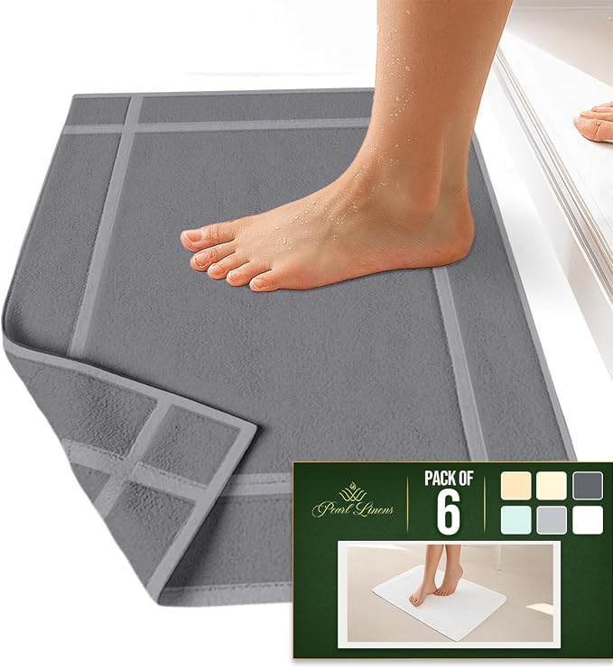 Pearl Linens 100% Ring Spun Cotton Bath Mat (Pack of 6) 20 x 30 Inch, Washable, Soft & Absorbent Terry Bathroom Floor Mat – Not Bathroom Rugs – Quick-Dry After Shower Bath Mat, 687 GSM, Light Grey