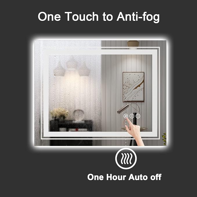 Snowdool LED Bathroom Mirror, 28"x36" with Front and Backlit, Anti-Fog, Bathroom Vanity Mirror for Wall, Memory Function, Stepless Dimmable, Tempered Glass (Horizontal/Vertical) | Front and Backlit, Stepless Dimming, Anti-Fog, Memory Function