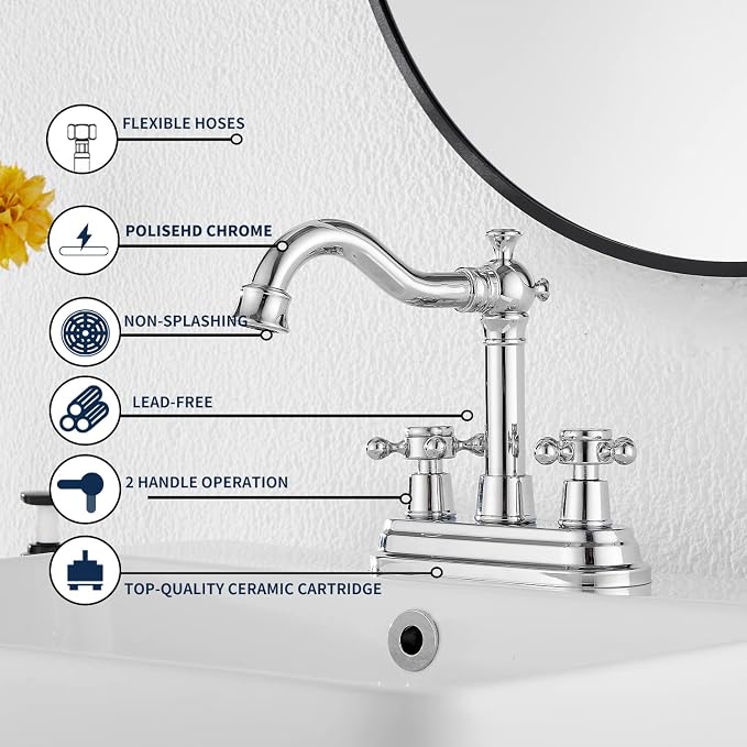 Chrome Bathroom Faucet GGStudy 2 Handles 4 Inches Centerset Bathroom Vanity with Drain Assembly and Supply Hose Lavatory Faucet Mixer Double Handle Tap