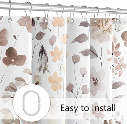 Small Stall Shower Curtain 36 x 72 Inch, Half Narrow Brown Floral Shower Curtain for Bathroom, Watercolor Flower Butterfly Fabric Shower Curtain Set with Hooks