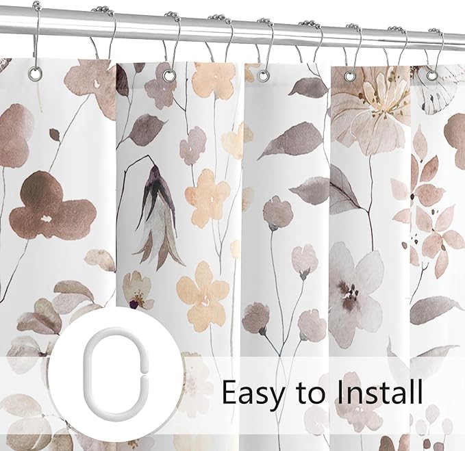 Brown Floral Shower Curtain, Fall Flower Fabric Shower Curtains for Bathroom, Taupe Wildflower Butterfly Cloth Shower Curtain Set with Hooks, 72x72