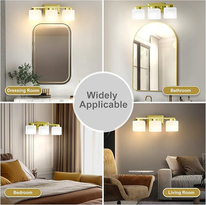 3-Light Bathroom Light Fixtures - Gold Bathroom Vanity Lights with Glass Shade Modern Bathroom Lighting Fixtures Over Mirror - Wall Sconce Lamps for Bedroom,Living Room,Hallway