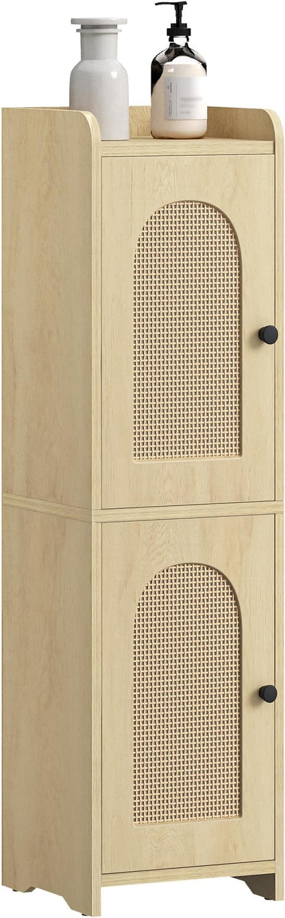 Bathroom Storage Cabinet, Small Corner Floor Cabinet with 2 Doors and Adjustable Shelf, Narrow Toilet Paper Cabinets, Bathroom Organizer for Small Spaces, 7.9"D x 7.9"W x 29.5"H Rattan Yellow