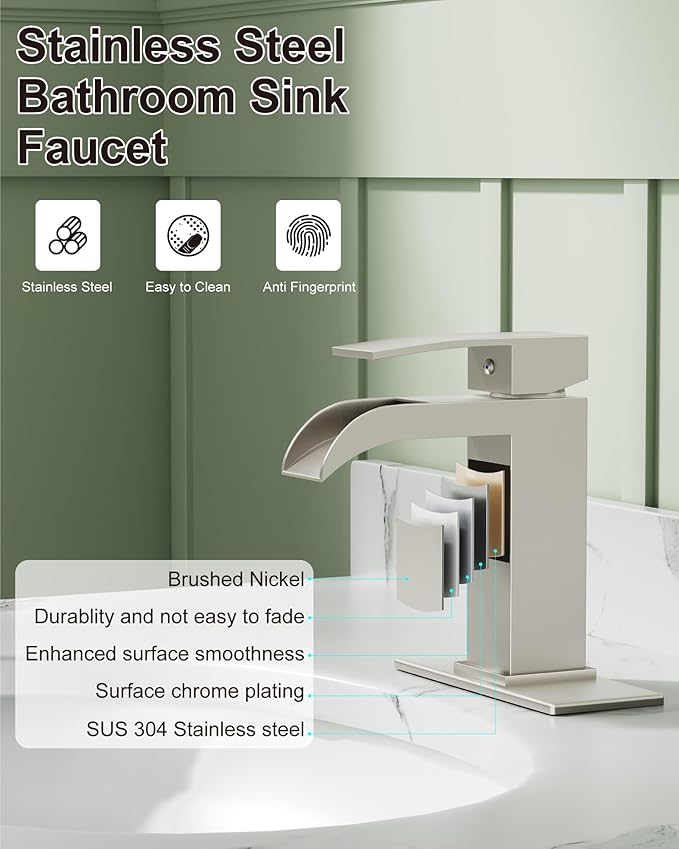 Midanya Waterfall Bathroom Faucet, Single Handle Bathroom Sink Faucet for Sink 1 or 4 Inch 3 Hole, Stainless Steel Vanity Faucets with Deck Plate and Pop up Drain,Brushed Nickel