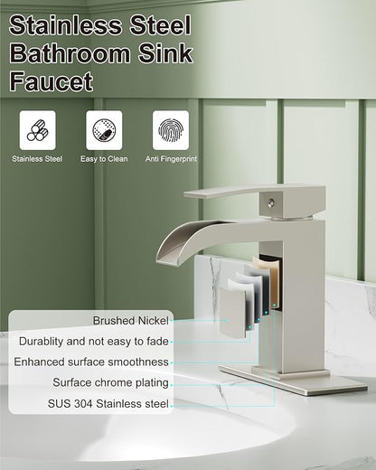 Midanya Waterfall Bathroom Faucet, Single Handle Bathroom Sink Faucet for Sink 1 or 4 Inch 3 Hole, Stainless Steel Vanity Faucets with Deck Plate and Pop up Drain,Brushed Nickel