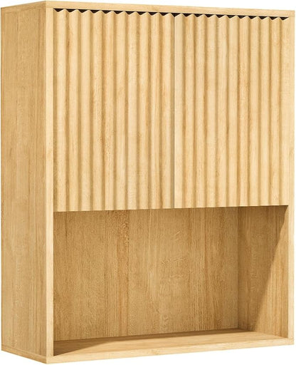 Fluted Bathroom Wall Cabinet Over the Toilet Storage,Wall Mounted Cabinet with Adjustable Shelf,Floating Cabinet Organizer Hanging Cabinet,Kitchen and Laundry Room Cabinets (Oak, 1 PC)
