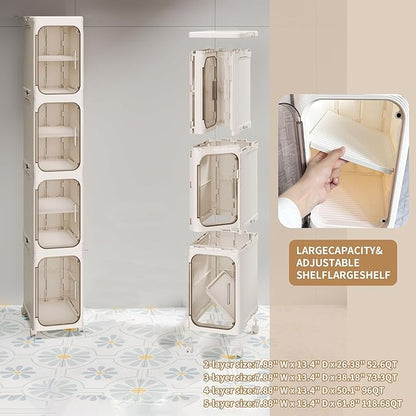 2-Tier Narrow Bathroom Storage Cabinet with Wheels, Plastic Slim Organizer with Adjustable Shelves for Small Spaces,Bathroom, Kitchen, Laundry,Milky White