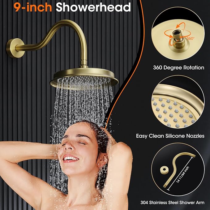 Rainfall Shower System Shower Faucet Set, Luxury, Antique, Light Gold | 9 Inch Single Function Shower Head, Pressure Balance Valve, Wall Mounted, Bathroom, Shower Trim Kit