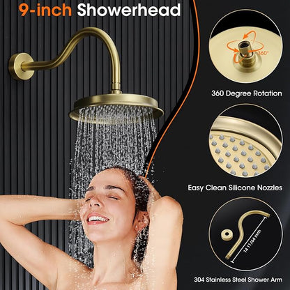 Rainfall Shower System Shower Faucet Set, Luxury, Antique, Light Gold | 9 Inch Single Function Shower Head, Pressure Balance Valve, Wall Mounted, Bathroom, Shower Trim Kit