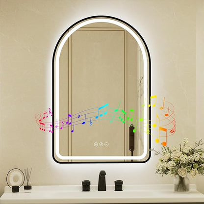 24x36 Inch Arched Black Framed LED Bathroom Mirror with Lights, Built-in Bluetooth Speaker,Tempered Glass,Dimmable Lighted Bathroom Vanity Mirror with 3 Colors, Backlit + Frontlit, Memory, Anti-Fog