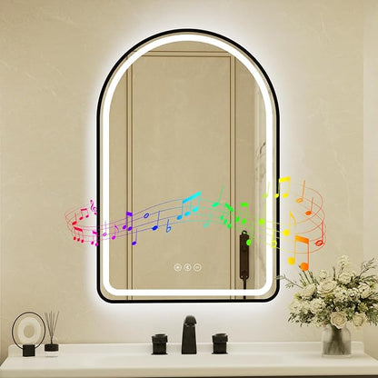 22x32 Inch Arched Black Framed LED Bathroom Mirror with Lights, Built-in Bluetooth Speaker,Tempered Glass,Dimmable Lighted Bathroom Vanity Mirror with 3 Colors, Backlit + Frontlit, Memory, Anti-Fog