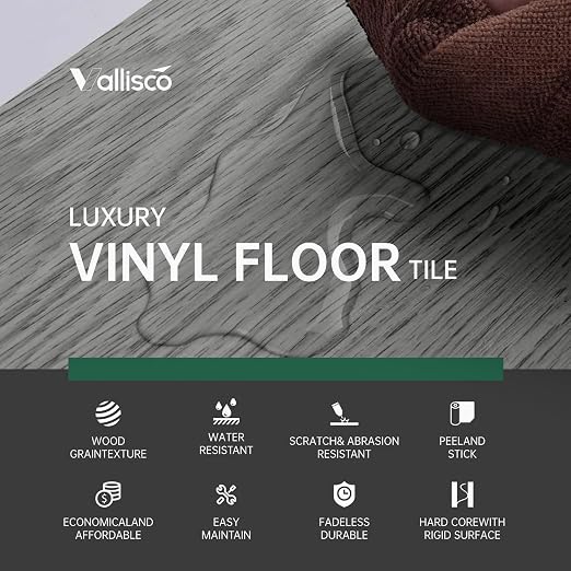 VallisCo Peel and Stick Vinyl Flooring 36 Pack 54 Sq.Ft, Waterproof Vinyl Flooring Peel and Stick for Office, Living Room, Bathroom, Kitchen - Unique Design Easy to Install Floor, Dark Gray