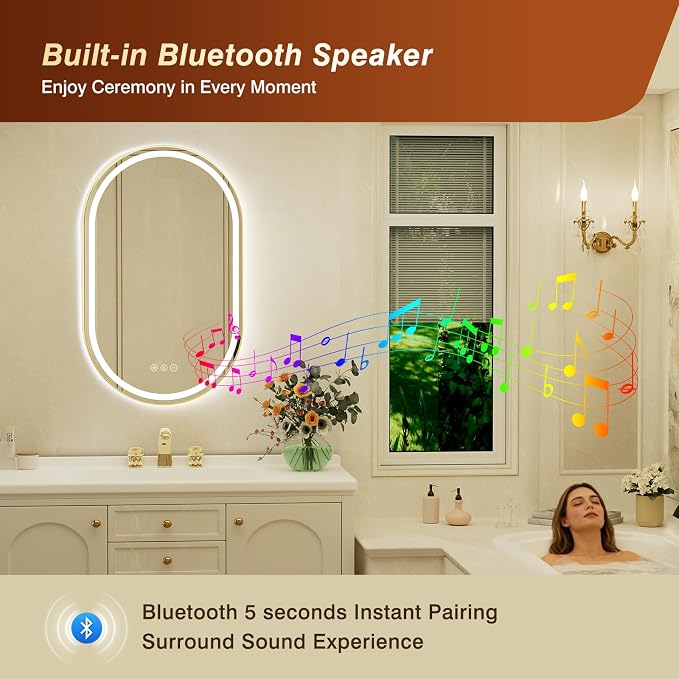 22x36 Inch Oval Gold Framed LED Bathroom Mirror with Lights, Built-in Bluetooth Speaker,Tempered Glass,Dimmable Lighted Bathroom Vanity Mirror with 3 Colors, Backlit + Frontlit, Memory, Anti-Fog