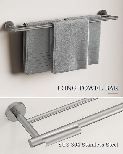 Brushed Nickel Bathroom Accessories Set, SUS304 Stainless Steel 5 Pieces | Bathroom Hardware Set, 24" Double Bath Towel Bar Set, 2 Towel Hooks, Toilet Paper Holder, Towel Racks for Bathroom