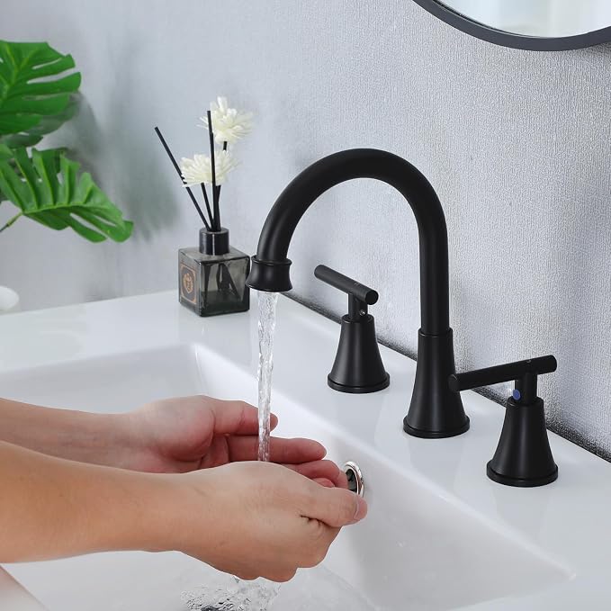HOTIS Black Bathroom Faucet 3 Hole, 2 Handle 360° Swivel Matte Black 8 Inch Widespread Bathroom Sink Faucet, Lavatory Sink Faucet with Pop-up Drain and Supply Lines, HT-BF302