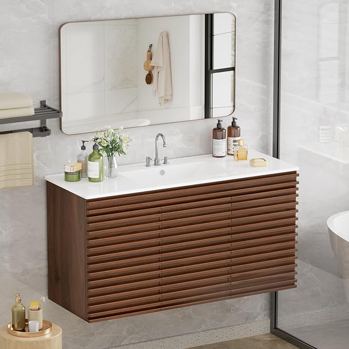ROOMTEC 48" Bathroom Vanity with Ceramic Sink Combo, Mid-Century Wall Mounted Floating Vanity Cabinet with 2 Closing Doors, Wood Grain Texture, Walnut