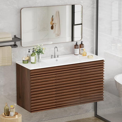 ROOMTEC 48" Bathroom Vanity with Ceramic Sink Combo, Mid-Century Wall Mounted Floating Vanity Cabinet with 2 Closing Doors, Wood Grain Texture, Walnut