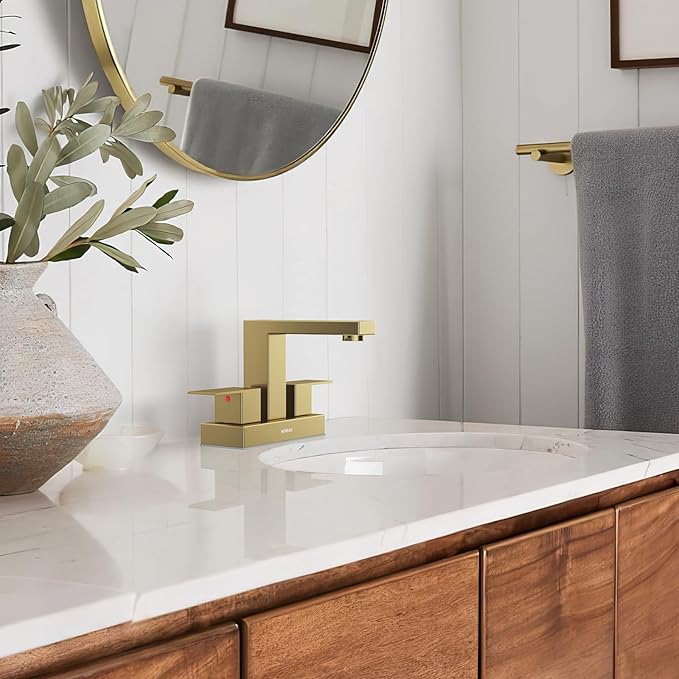 Bathroom Sink Faucet, Hurran 4 inch Brushed Gold Bathroom Faucets for Sink 3 Hole with Pop-up Drain and Supply Lines, Stainless Steel 2-Handle Faucet for Vanity RV Restroom