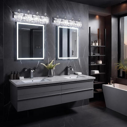 Chrome Light Fixtures, 4 Light Bathroom Vanity Light with 42pcs Crystal Sheet, 30in Modern Vanity Light, Bathroom Lighting Fixtures Over Mirror