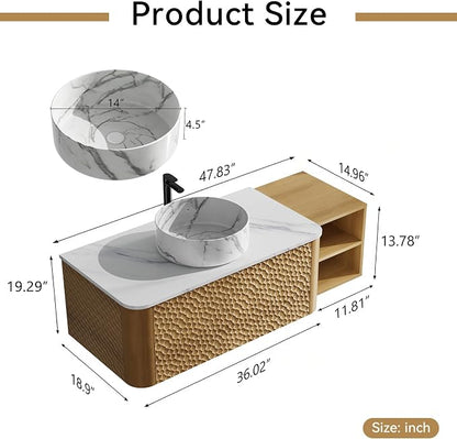 48 Inch Modern Bathroom Vanity with Ceramic Sink, Floating Bathroom Sink Cabinet with Sintered Stone Top&Solid Wood Hammered Frame, Single Bathroom Vanities w/Soft-Close Drawer&IDE Open Cube
