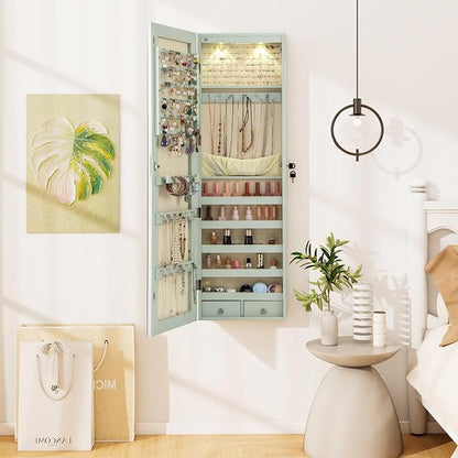 Moccha Wall Door Jewelry Armoire, 47.5" H Full Length Mirrored Jewelry Cabinet with 2 LED Lights and 2 Drawers, Lockable Jewelry Cabinet, Jewelry Organizer Storage for Bedroom (Sage)