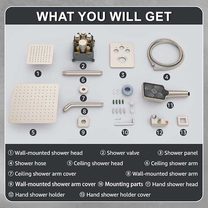 Iriber Thermostatic Shower System with Adjustable Water Flow Push Button Diverter, Square Dual Shower Heads Faucet Set with Handheld Spray, Brushed Nickel Shower Mixer Valve Trim Kit (Valve Included)