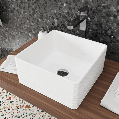 16"X16" Bathroom Vessel Sink, 6" Basin Depth Rectangular Bathroom Sink, Above Counter White Porcelain Ceramic Modern Vanity Sink Rectangle Art Basin