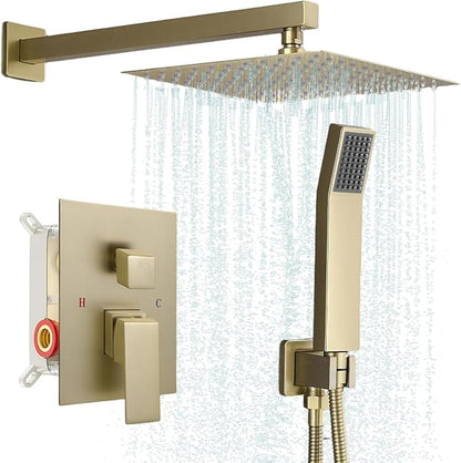 Modern Shower Faucet with 10 Inch Rain Shower head Shower System and Handheld Shower Combo,2-Function Shower Fixtures Included Shower Trim Kit (Brush Gold)