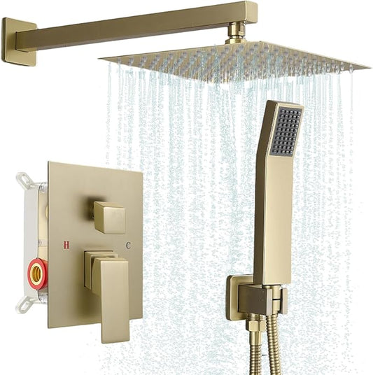 Modern Shower Faucet with 10 Inch Rain Shower head Shower System and Handheld Shower Combo,2-Function Shower Fixtures Included Shower Trim Kit (Brush Gold)