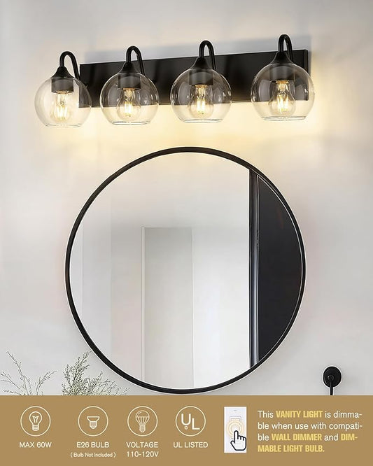 Emak Modern 29 Inch Black Vanity Lights, 4-Light Bathroom Vanity Light with Clear Glass Shade, Farmhouse Globe Bathroom Light Fixtures Over Mirror, VL118-BK-CG-4