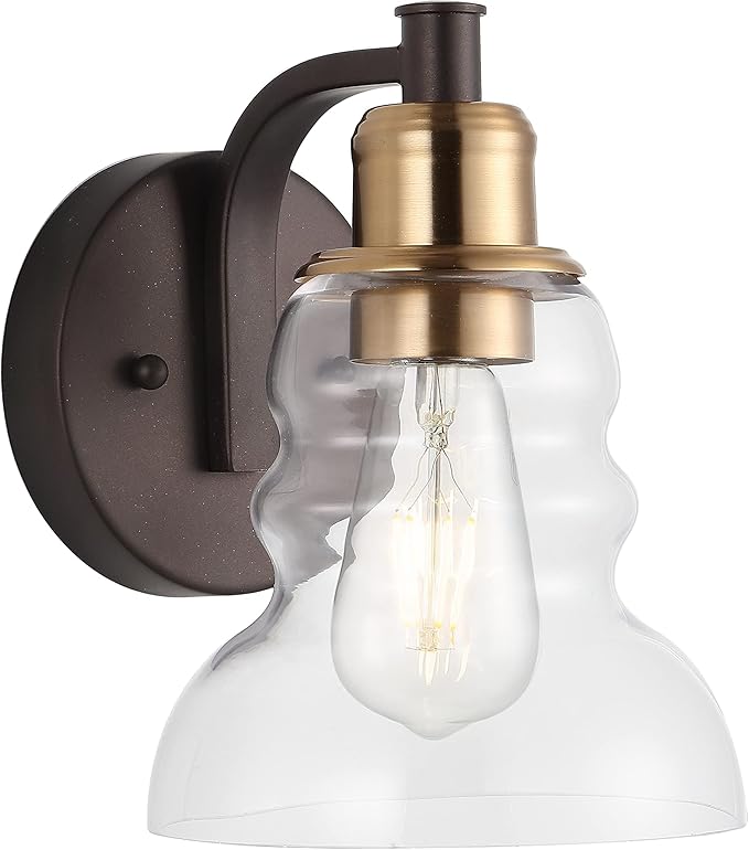 JONATHAN Y 6.5" Brass Gold/Oil Rubbed Bronze Modern Industrial Rustic 1-Light LED Vanity Light with Clear Glass Shade, Vintage Wall Sconce for Bathroom Kitchen Hallway, LED Bulb Included JYL3544A