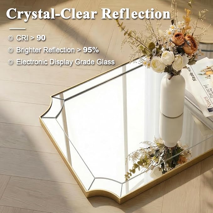30"x30" Square Bathroom Mirror, Gold Vanity Mirrors for Over Sink, Gold Scalloped Mirror with Glass Pieces, Brass Mirror with Designer-Crafted Notched Corners, Ideal for Home Remodel
