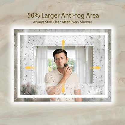 36"x48" LED Bathroom Mirror with Lights, Anti-Fog, Backlit+Frontlit | CRI 95, Stepless Dimmable, 3 Colors Lighting, Shatterproof Tempered Glass, HD Reflection, Memory, (Horizontal/Vertical)