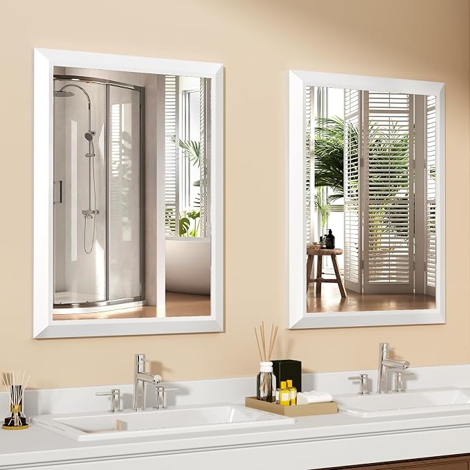 SMIROR 36x30 Matte White Bathroom Vanity Mirror for Over Sink | Metal Wide Frame, Rectangle, Right- Angle Corner, Anti-Rust, Horizontally or Vertically Wall- Mounted for Home Remodel