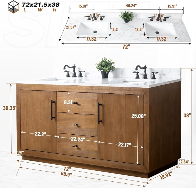 Vanity Art 72 inch Double Sink Bathroom Vanity, Modern Wood Bath Vanity with Carrara Marble Top, Vanity Cabinet with Doors, Removable Shelf, Solid Wood Frame, Tan, VA7072DE
