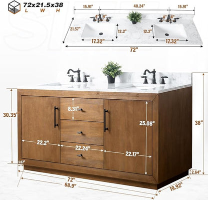 Vanity Art 72 inch Double Sink Bathroom Vanity, Modern Wood Bath Vanity with Carrara Marble Top, Vanity Cabinet with Doors, Removable Shelf, Solid Wood Frame, Tan, VA7072DE