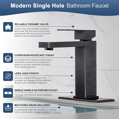 Oil Rubbed Bronze Bathroom Faucet, Single Hole Vanity Bath Faucet, Single Handle Modern Stainless Steel Bathroom Faucets for Sink 1 Hole with Pop Up Drain Stopper & Water Supply Hoses