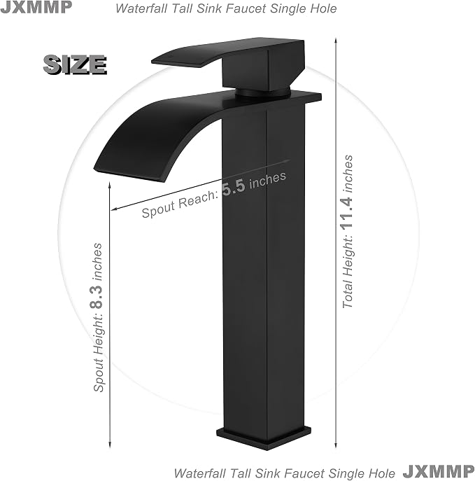 Waterfall Faucet for Bathroom Sink, JXMMP Black Bathroom Faucet Single Hole with Supply Hose and Pop Up Stopper, Single Handle Waterfall Bathroom Sink Faucet, Lavatory Faucet Bathroom, JXM1221BK