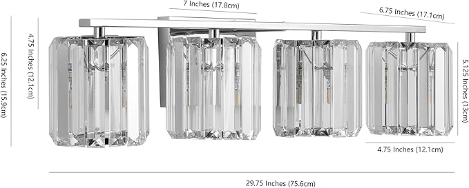 JONATHAN Y 4.75" Chrome 4-Light Vintage Glam LED Vanity Light Wall Sconce Fixture with Clear Crystal Prism Shade, Hardwired Wall Lamp for Bathroom Mirror Hallway, LED Bulb Included (JYL3555A)