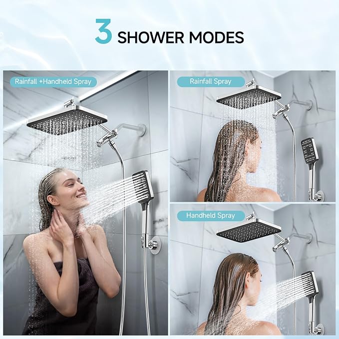 High Pressure Rain Shower Head with Handheld Spray Combo Set, Adjustable 12" Rainfall Dual Shower Head, Double&Tandem Shower Head, Waterfall Showerhead Bathroom -Silver Chrome