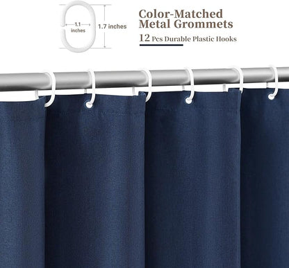 BTTN Long Shower Curtain, 72x80 Boho Scalloped Linen Textured Thick Fabric Shower Curtain Set with 12 Plastic Hooks, Large Elegant Farmhouse Waterproof Cloth Shower Curtains for Bathroom, Navy Blue