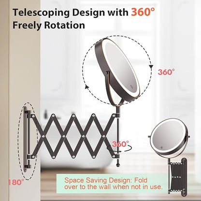 Rechargeable Wall Mounted Makeup Mirror - 8 Inch Double Sided 30X/5X Magnifying Mirror with 3 Color Lights Dimmable Touch Screen, 360°Swivel 19.6 Inch Extendable Accordion Bathroom Mirror